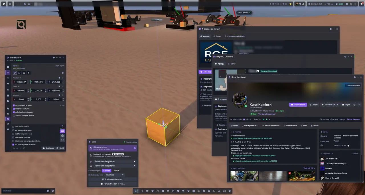 Building in Aurora: the Transform panel next to a selected box, with the About Land, Region / Estate, profile and voice windows