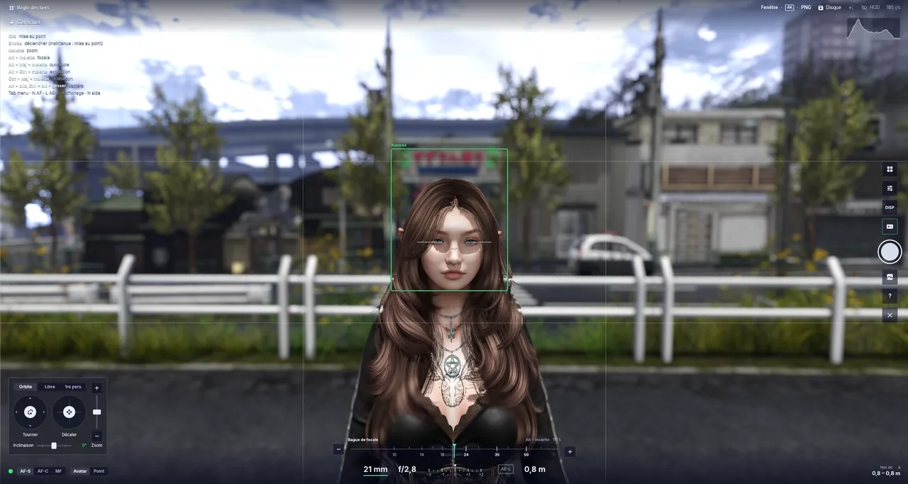 The Aurora viewfinder: rule of thirds, the autofocus point locked on an avatar's face, the camera pad, the focal ring and the exposure readouts