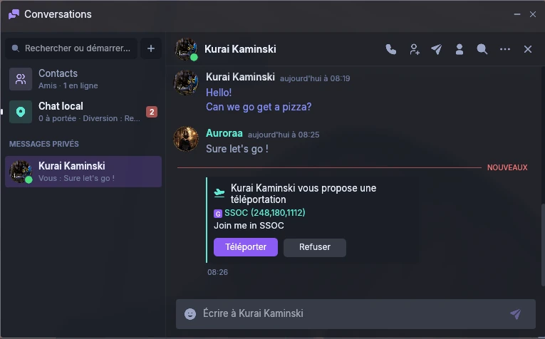 The Conversations window: a private chat with bubbles and a teleport offer as a card