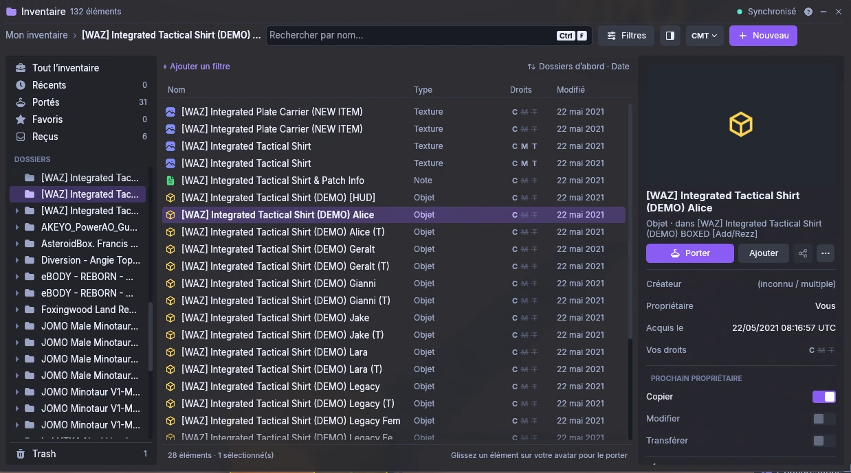 The inventory widened into an explorer, with folders, item rights and a detail pane