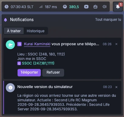 The notification center unrolled from the bell, with a teleport offer and a simulator notice
