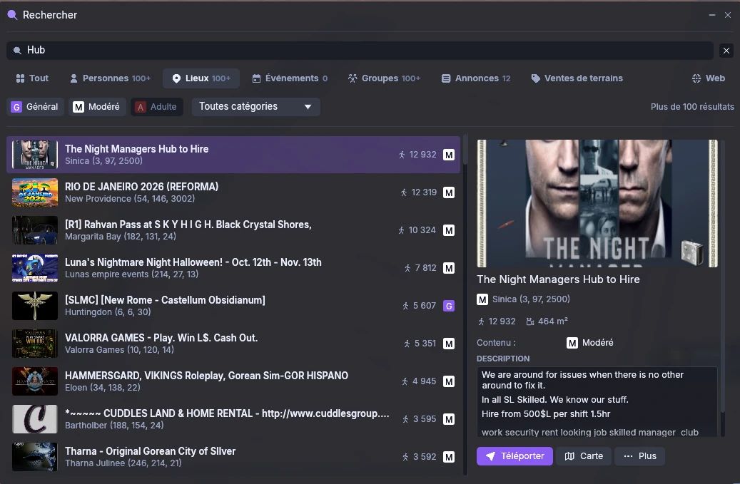 The Search window: one field, type chips, rating filters and the details beside the results