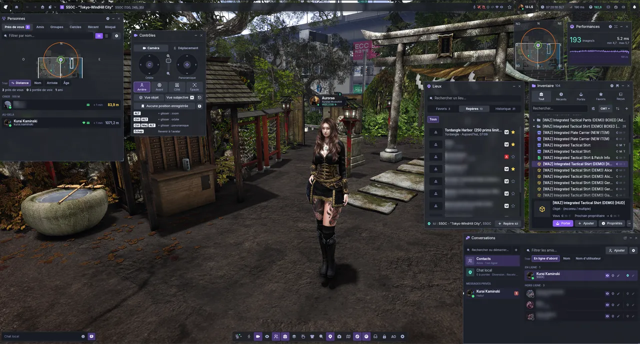 Aurora Viewer in a Japanese garden, with the People, Controls, Places, Inventory, Performance and Conversations windows open
